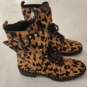 Sam Edelman Jennifer Cow Hair Leapord Studded Combat Boots